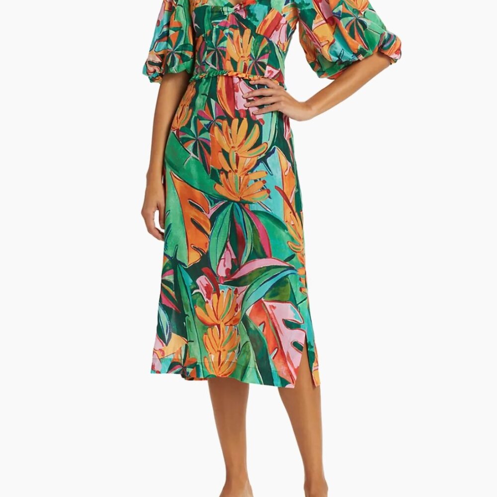 FARM Rio Green Tropical Print Midi Dress with Orange & Pink Accents - Picture 8 of 13